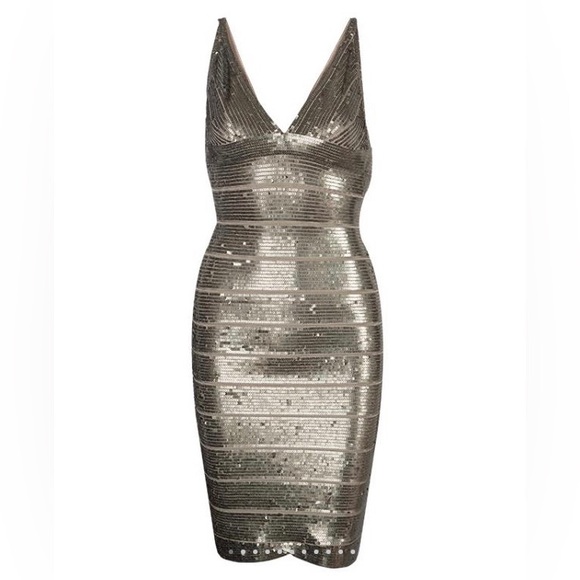 Herve Leger Gold Sequin Bandage Dress - Picture 17 of 17